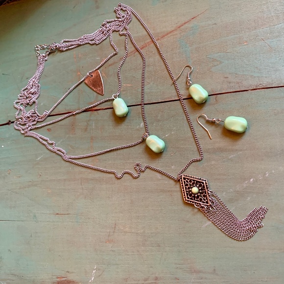 Silver Tone & Green Stone Layered Four Strand Necklace and Matching Earrings - Picture 1 of 11